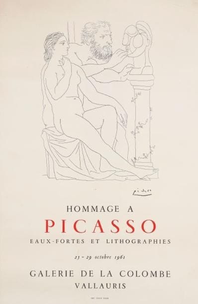 D'après Pablo PICASSO (1881-1973)
Galerie de la Colombe. Hommage à Picasso., 25 - 29 octobre 1961. Affiche. Plis. 49.50 x 32.50 cm. Bibliographie: Cwiklitzer 171, tirée à 700 exemplaires. 