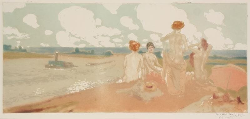 Richard RANFT (1862-1931)
Quatre femmes se baignant à la rivière, vers 1900. Aquatinte. Signée et justifiée " Ep. d'essai hors tirage " en bas à droite. Petite trace de colle en pied. 26 x 58.50 cm. 