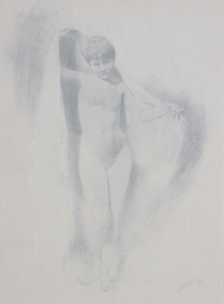 Charles SAINTON (1861-1914)
Femme nue au voile, 1892. Lithographie. Signée et datée en bas à droite. 34 x 25 cm. 