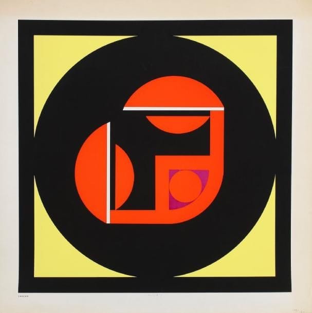 Kumi SUGAI (1919-1996)
Cancer, 1973. Sérigraphie en couleurs. Signée en bas au milieu et justifiée 50/150 en bas à droite. Plusieurs plis cassés et traces de frottement filiformes en surface. Petite étiquette adhésive au verso. International Opus éd. 60 x 60 cm. 