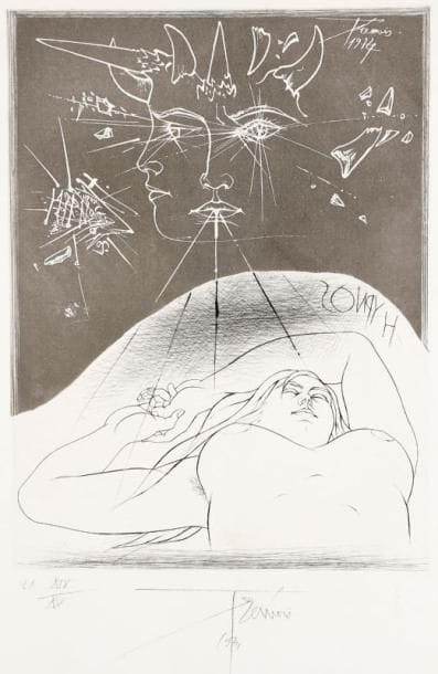 Pierre Yves TREMOIS (né en 1921)
Femme rêvant, 1974. Eau-forte. Signée et datée dans la planche en haut à droite et signée et datée au crayon en bas au centre. Jusitifiée XIV/XV et E.A en bas à gauche. 78 x 58 cm. 