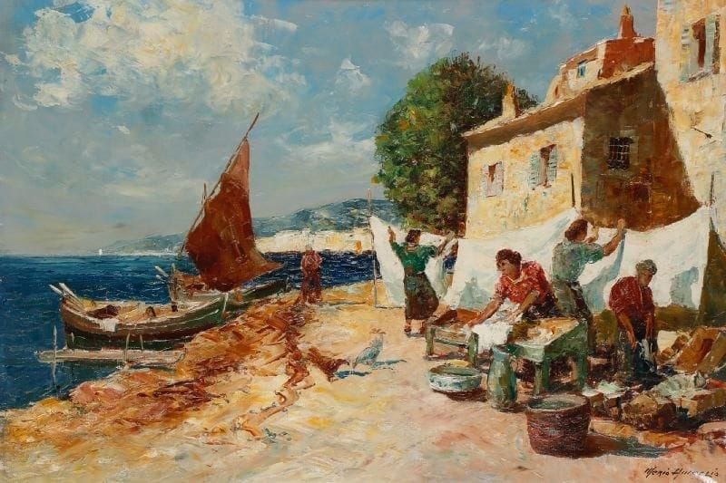 Merio AMEGLIO (1897-1970)
Les lavandières. Huile sur toile. Signée en bas à droite. (Encadrée). 73 x 50 cm. 
