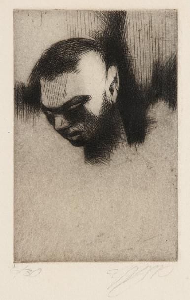 Louis-Pierre BOUGIE [canadien] (né en 1946)
Portrait d'homme, 1990. Pointe sèche. Signée et datée en bas à droite et justifié 6/30 en bas à gauche. 9 x 6 cm. 