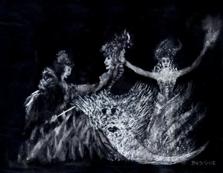 Maurice BASKINE (1901-1968)
Fantasophie, 1960. Encre et lavis. Signée en bas à droite. Signée, titrée, datée et dédicacée "A Geo. . . - Avec toute ma sympathie - et mes meilleurs voeux" sur le montage. (papier gondolé, sans cadre). 29,5 x 38 cm. 