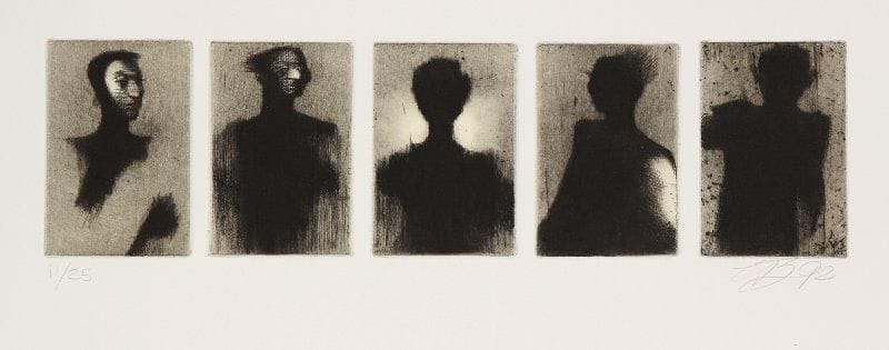 Louis-Pierre BOUGIE [canadien] (né en 1946)
Cinq portraits en frise, 1992. Pointe sèche. Signée et datée en bas à droite et justifiée 11/25. Chaque 9 x 6 cm. 
