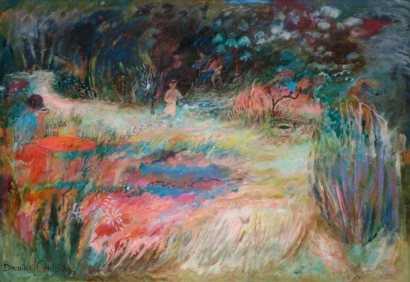 Damilevil CAMBO (né en 1937)
Le Grand Jardin, 1986. Huile sur toile. Signée et datée en bas à gauche. (Encadrée). 65 x 92 cm. 