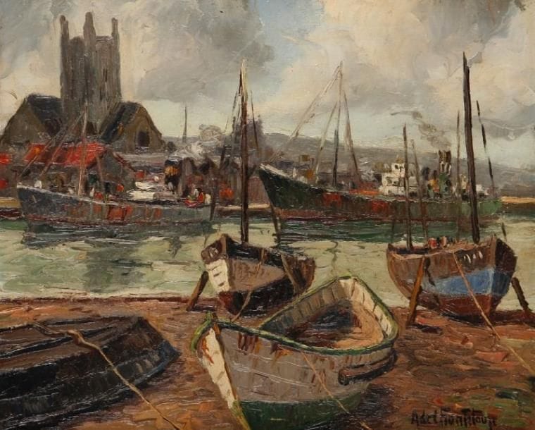 A.de CHANTELOUP
Port de pêche en Bretagne. Huile sur toile. Signée en bas à droite. 38 x 46 cm. 