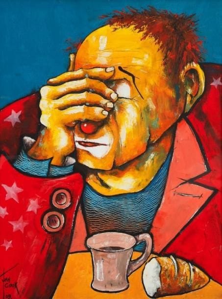 Juan COOK (né en 1948)
Clown triste, 2009. Huile et gouache. Signée et datée en bas à gauche. (Encadrée, verre cassé). 64 x 49 cm. 