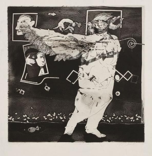 Louis-Pierre BOUGIE [canadien] (né en 1946)
La terre, l'aile et l'idée IV, 1981. Gravure sur papier. Signée et datée 81 en bas à droite. Essais final en bas à gauche. 40 x 40 cm. 