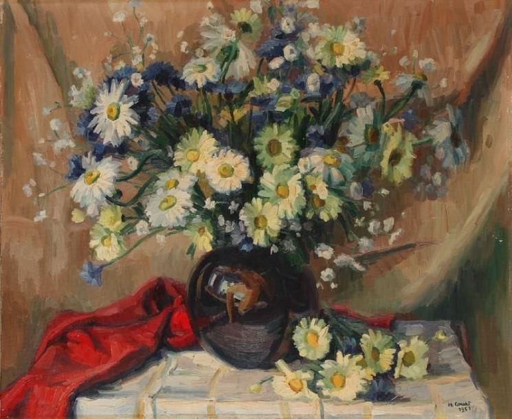 H.COURT
Table au bouquet fleuri, 1951. Huile sur toile. Signée et datée en bas à droite. 60 x 73 cm. Provenance: Succession B. 