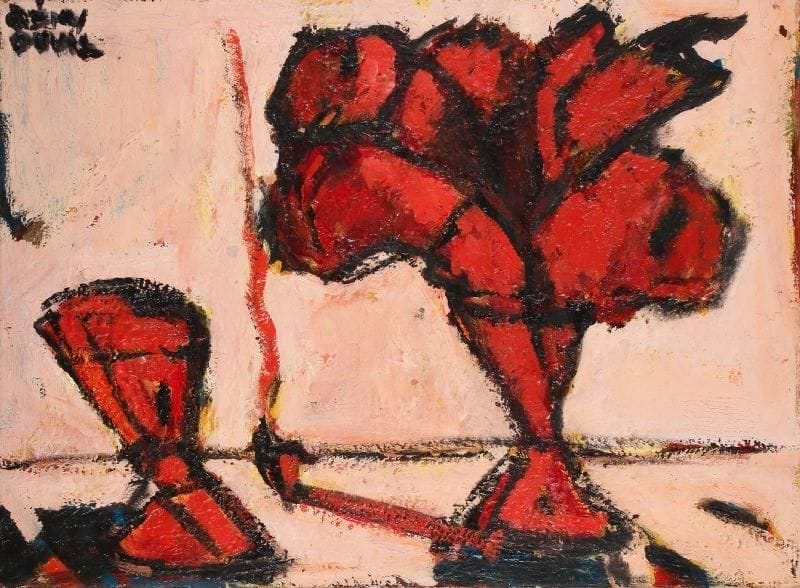Rémy DUVAL (1907-1984)
Lumières dans un vase, 1959-1961. Huile sur toile. Signée en haut à gauche. Signée datée et titrée au dos. 60 x 81 cm. 