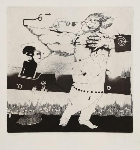 Louis-Pierre BOUGIE [canadien] (né en 1946)
La terre, L'aile et l'idée III, 1980. Gravure. Signée et datée 80 en bas à droite et justifiée 20/20 en bas à gauche. 40 x 40 cm. 