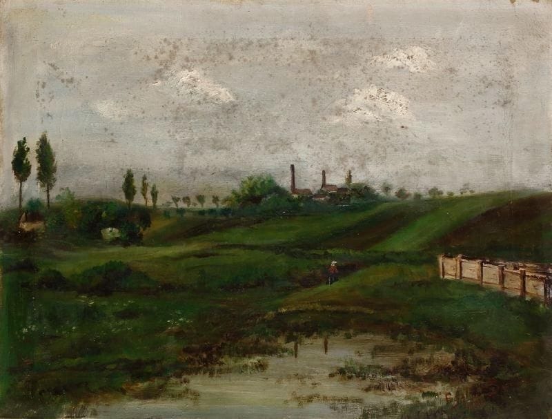ESZENYI ?
Paysage aux usines, 1931. Huile sur toile. Signée et datée en bas à droite. (Traces d'humidité). 37 x 48,5 cm. 