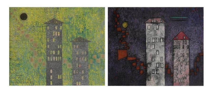 Jean-Louis FAURE (né en 1931)
Habitations, 1957. Huile sur panneau. Signée et datée en bas vers la gauche. (Eclats). 38 x 46 cm. 