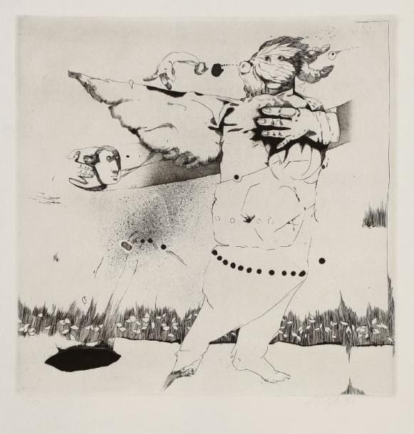 Louis-Pierre BOUGIE [canadien] (né en 1946)
La terre, l'aile et l'idée II, 1980. Gravure sur papier Japon. Signée et datée 80 en bas à droite, justifiée 10/20 en bas à gauche. . 40 x 40 cm. 