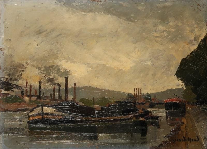 Girard Edmond-Emile dit GIRARD-MOND (1892-?)
La Seine, Auteuil. Huile sur carton. Signée en bas à droite et titrée au dos. 24 x 33 cm. 