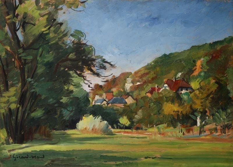 Girard Edmond-Emile dit GIRARD-MOND (1892-?)
Le coteau au gué du Loir. Huile sur carton. Signée en bas à gauche et titrée au dos. 24 x 33,5 cm. 