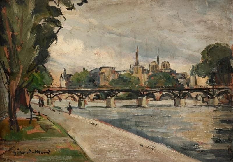 Girard Edmond-Emile dit GIRARD-MOND (1892-?)
La Cité et le Pont des Arts. Huile sur carton. Signée en bas à droite et titrée au dos. 24 x 33,5 cm. 