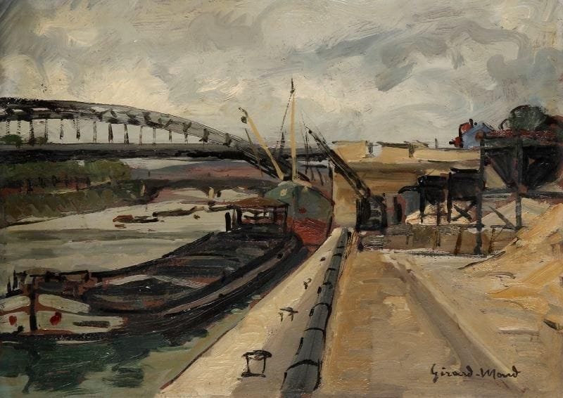 Girard Edmond-Emile dit GIRARD-MOND (1892-?)
Au quai de Passy. Huile sur carton. Signée en bas à droite et titrée au dos. 24 x 33,5 cm. 