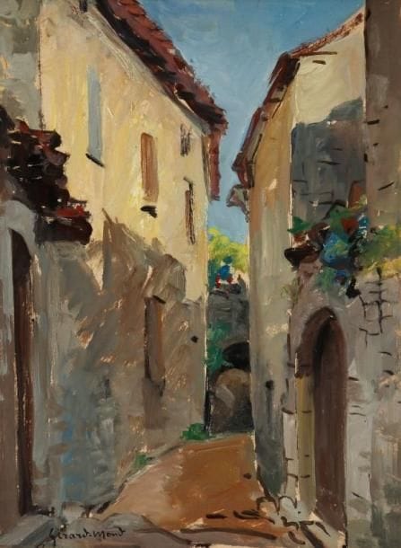 Girard Edmond-Emile dit GIRARD-MOND (1892-?)
Une rue au vieil Ucel. Huile sur carton. Signée en bas à gauche et titrée au dos. 33,5 x 24 cm. 
