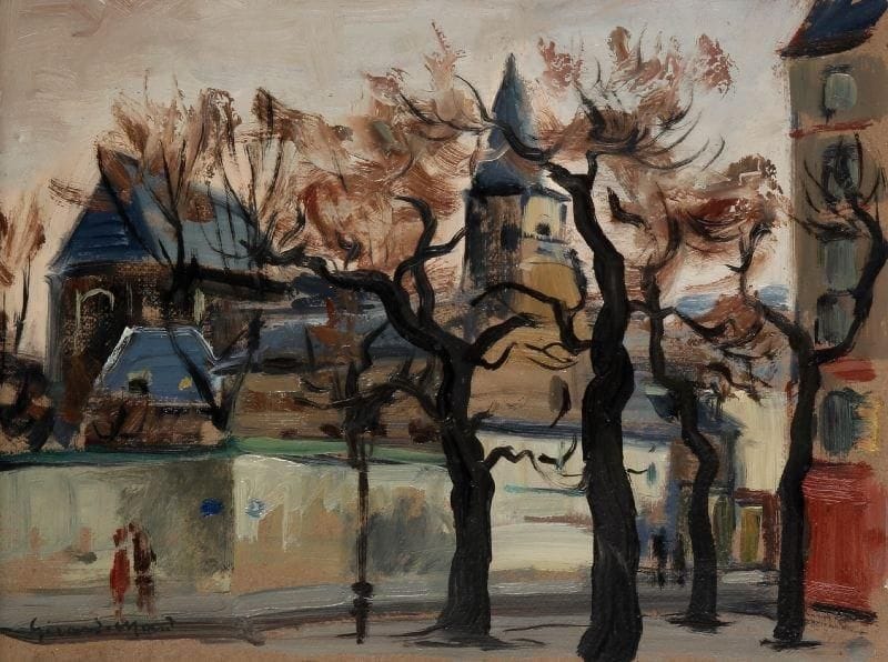 Girard Edmond-Emile dit GIRARD-MOND (1892-?)
Derrière l'Eglise. Huile sur carton. Signée en bas à gauche et titrée au dos. 24 x 33 cm. 