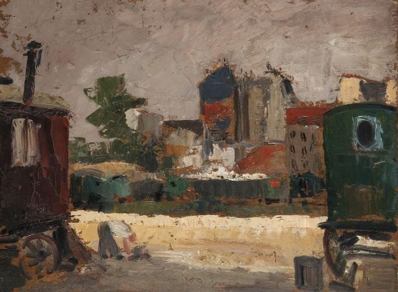 Girard Edmond-Emile dit GIRARD-MOND (1892-?)
Les roulottes. Huile sur carton. Signée en bas à droite et titrée au dos. 24 x 33 cm. 