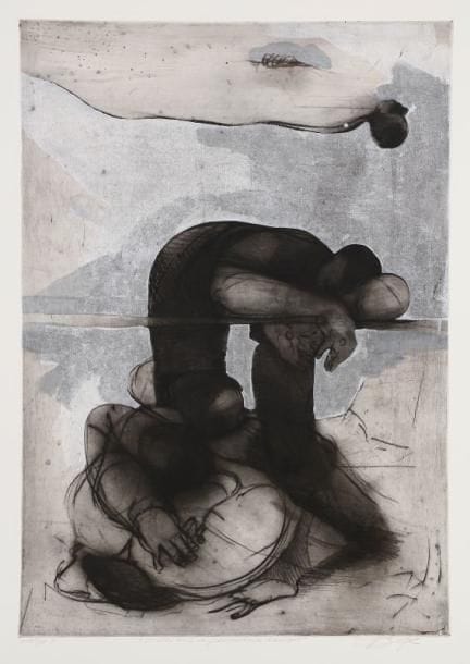 Louis-Pierre BOUGIE [canadien] (né en 1946)
Masses noires au personnage flottant, 1992. Eau forte rehaussée. Signée et datée 92 en bas à droite, justifiée 1/1 en bas à gauche. 76 x 56 cm. 