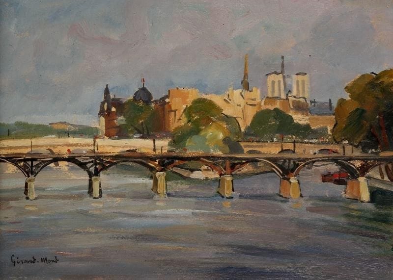Girard Edmond-Emile dit GIRARD-MOND (1892-?)
La Cité. Huile sur carton. Signée en bas à gauche et titrée au dos. 24 x 33 cm. 