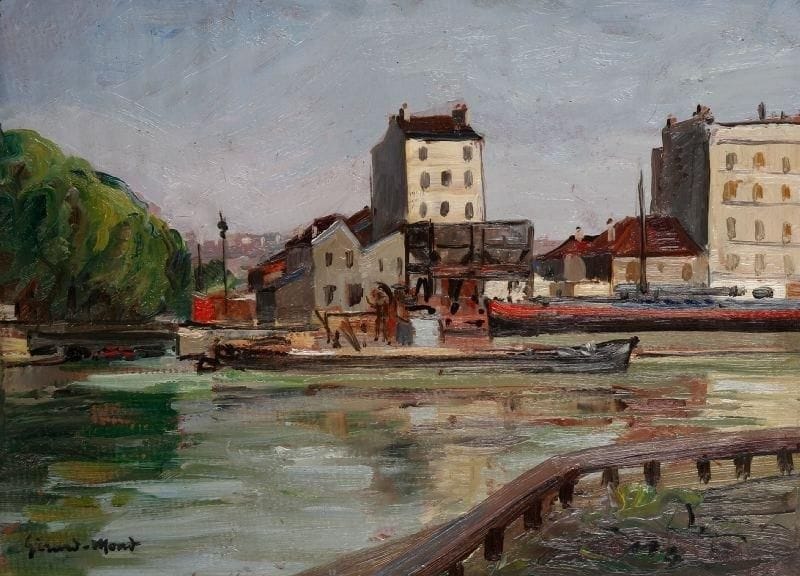Girard Edmond-Emile dit GIRARD-MOND (1892-?)
Au canal de l'Ourcq. Huile sur carton. Signée en bas à gauche et titrée au dos. 24 x 33 cm. 