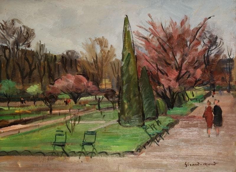 Girard Edmond-Emile dit GIRARD-MOND (1892-?)
Printemps au jardin des plantes. Huile sur panneau. Signée en bas à droite et titrée au dos. 24 x 33 cm. 