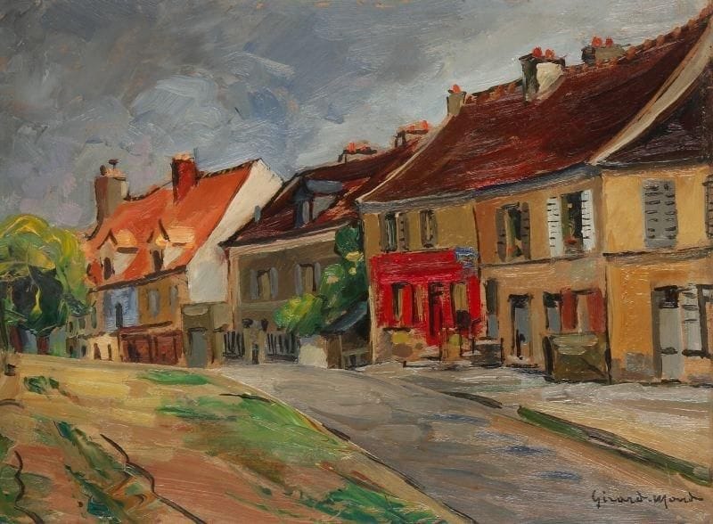 Girard Edmond-Emile dit GIRARD-MOND (1892-?)
La rue de l'Eglise à Bièvres. Huile sur carton. Signée en bas à droite et titrée au dos. 24 x 33,5 cm. 