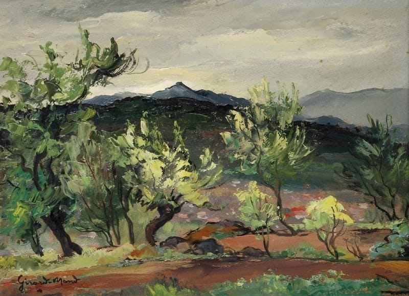 Girard Edmond-Emile dit GIRARD-MOND (1892-?)
Vue sur le Tanargue. Huile sur carton. Signée en bas à gauche et titrée au dos. 24 x 33,5 cm. 