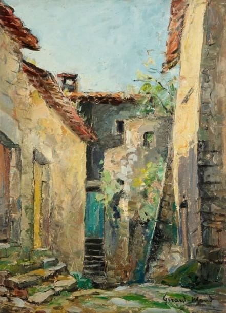 Girard Edmond-Emile dit GIRARD-MOND (1892-?)
Une rue du vieil Ucel. Huile sur carton. Signée en bas à droite et titrée au dos. 33,5 x 24 cm. 