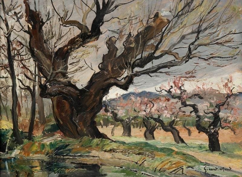 Girard Edmond-Emile dit GIRARD-MOND (1892-?)
Le vieux peuplier. Huile sur carton. Signée en bas à droite et titrée au dos. 24 x 33 cm. 