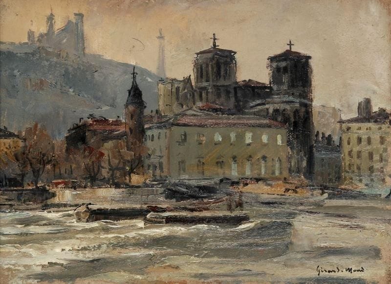 Girard Edmond-Emile dit GIRARD-MOND (1892-?)
L'Eglise St Jean au Pont Tilsitt. 1944. Huile sur carton. Signée en bas à droite et titrée au dos. 24 x 33,5 cm. 