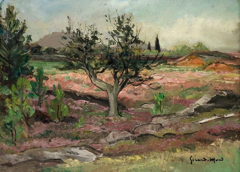 Girard Edmond-Emile dit GIRARD-MOND (1892-?)
Sant titre, Campagne. Huile sur carton. Signée en bas à droite. 24,5 x 33 cm. 