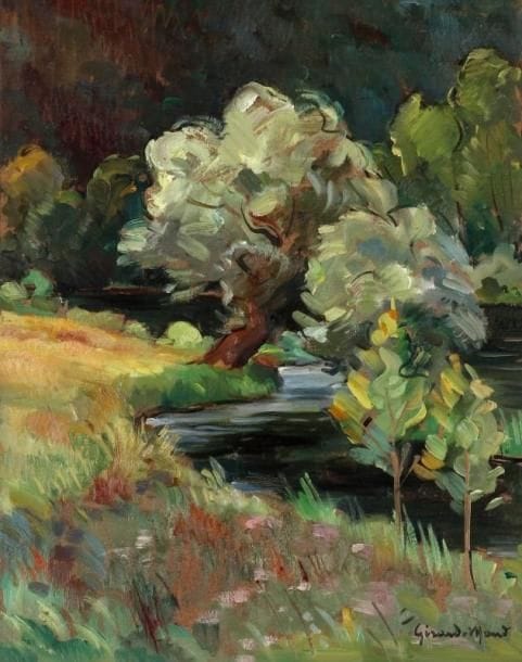 Girard Edmond-Emile dit GIRARD-MOND (1892-?)
Le saule sur l'Orme. Huile sur carton. Signée en bas à droite et titrée au dos. 34,5 x 26,5 cm. 