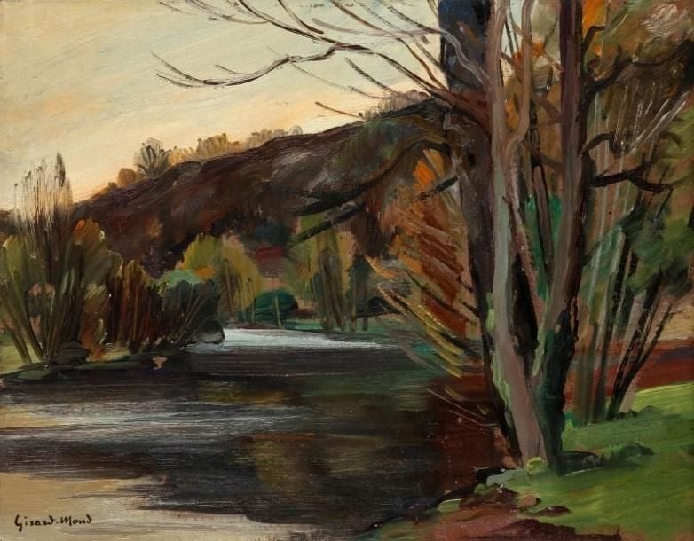 Girard Edmond-Emile dit GIRARD-MOND (1892-?)
Soir sur le coteau Saint Laurent, Villiers sur Loir. Huile sur carton. Signée en bas à gauche et titrée au dos. 27 x 35 cm. 