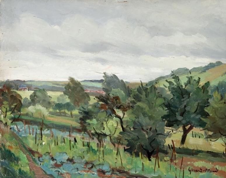 Girard Edmond-Emile dit GIRARD-MOND (1892-?)
Talmontiers (pluie). Huile sur isorel. Signée en bas à droite et titrée au dos. 27 x 35 cm. 