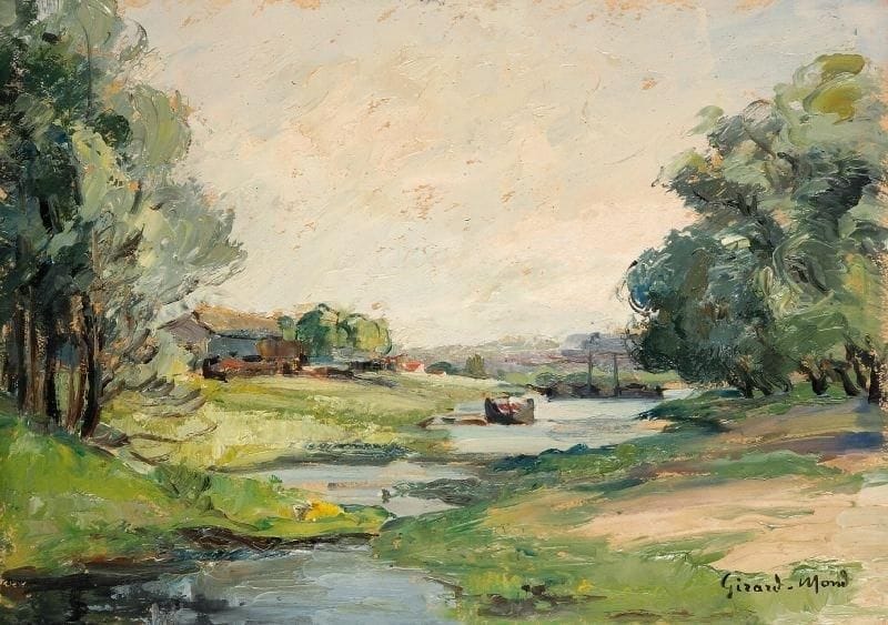 Girard Edmond-Emile dit GIRARD-MOND (1892-?)
Chantiers navals au confluent, Lyon. Huile sur carton. Signée en bas à gauche et titrée au dos. 24 x 33,5 cm. 
