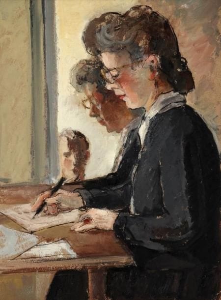 Girard Edmond-Emile dit GIRARD-MOND (1892-?)
Femmes écrivant. Huile sur carton. 33 x 24 cm. 