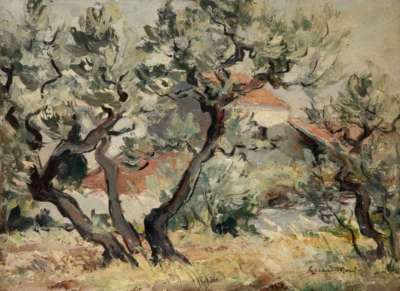 Girard Edmond-Emile dit GIRARD-MOND (1892-?)
Les oliviers de la grange à Cornille. Huile sur carton. Signée en bas à droite et titrée au dos. 24,5 x 33 cm. 