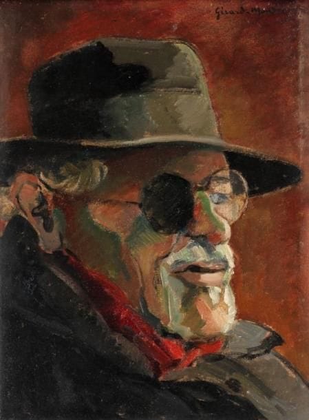 Girard Edmond-Emile dit GIRARD-MOND (1892-?)
Le borgne. Huile sur carton. Signée en haut à droite et titrée au dos. 33,5 x 24 cm. 
