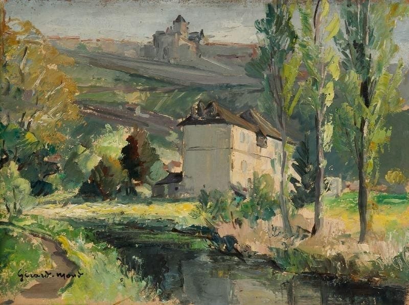 Girard Edmond-Emile dit GIRARD-MOND (1892-?)
Le pigeonnier, Pont d'Aubenas. Ardèche. Huile sur carton. Signée en bas à gauche et titrée au dos. 24,5 x 33 cm. 