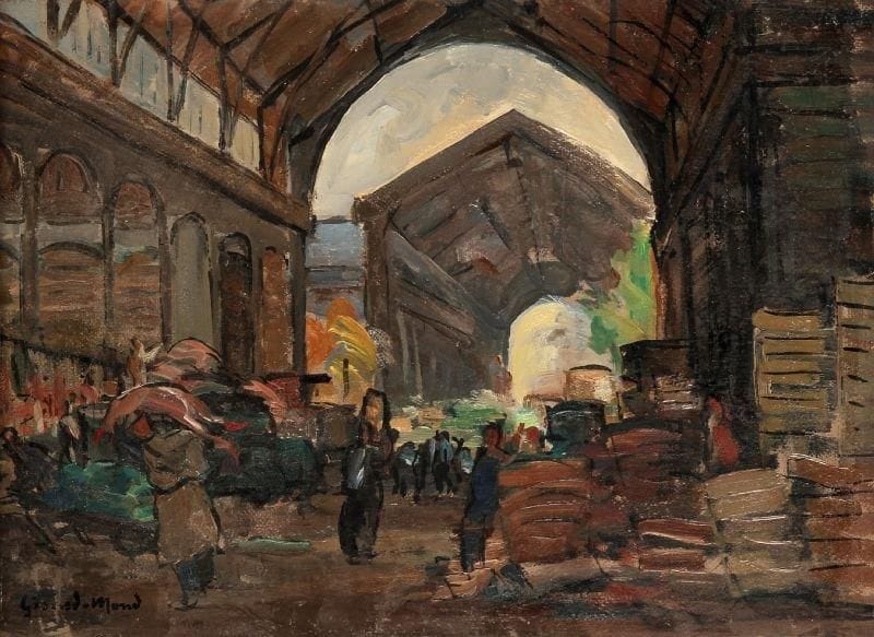 Girard Edmond-Emile dit GIRARD-MOND (1892-?)
Sous les voûtes des halles. Huile sur carton. Signée en bas à gauche et titrée au dos. 24 x 33 cm. 