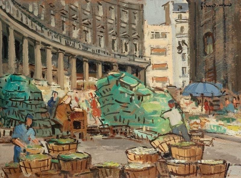 Girard Edmond-Emile dit GIRARD-MOND (1892-?)
Les Halles. Huile sur carton. Signée en haut à droite et titrée au dos. 24 x 33 cm. 