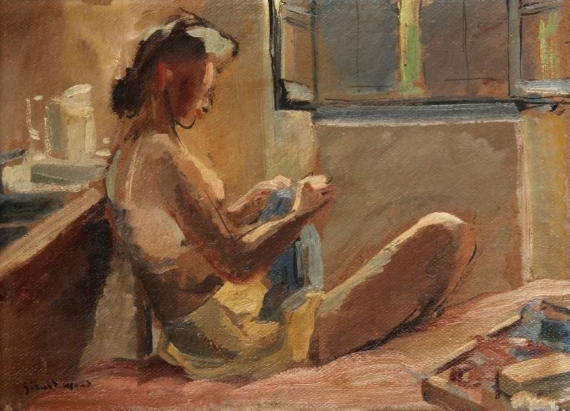 Girard Edmond-Emile dit GIRARD-MOND (1892-?)
La couseuse. Huile sur carton. Signée en bas à gauche et titrée au dos. 24 x 33 cm. 