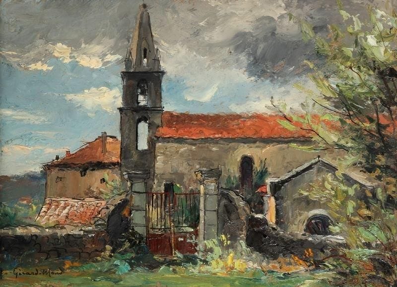 Girard Edmond-Emile dit GIRARD-MOND (1892-?)
L'église d'Ucel. Huile sur carton. Signée en bas à gauche et titrée au dos. 24 x 33 cm. 
