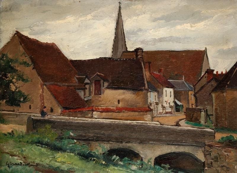 Girard Edmond-Emile dit GIRARD-MOND (1892-?)
Le village de Mazangé. Huile sur carton. Signée en bas à gauche et titrée au dos. 24 x 33 cm. 