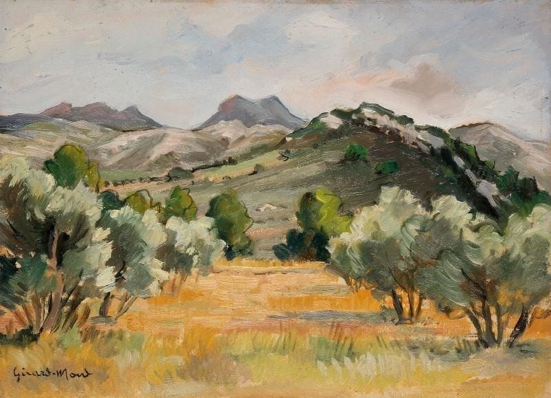 Girard Edmond-Emile dit GIRARD-MOND (1892-?)
Campagne du Destret. Huile sur carton. Signée en bas à gauche et titrée au dos. 24 x 33 cm. 